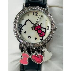 HELLO KITTY Watch Charms Silver Crystal Bezel Kitty Black Leather Strap Y2K